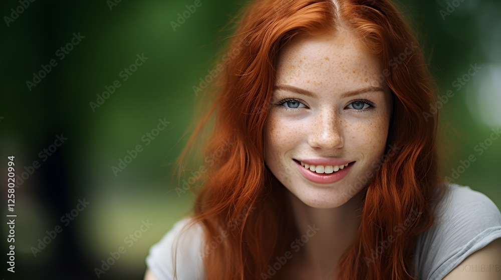 Portrait of a Young Woman with Long Red Hair and Freckles Smiling Outdoors Portrait of a Young Woman with Long Red Hair and Freckles Smiling Outdoors