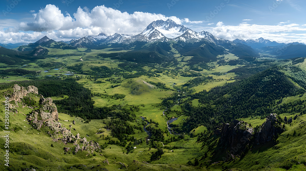 Majestic mountain vista, valley panorama, sunny day, green landscape, travel poster Majestic mountain vista, valley panorama, sunny day, green landscape, travel poster