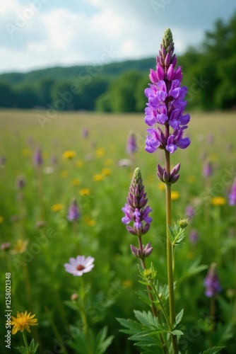 Tufted vetch in a field with other wildflowers and foliage, , vicia cracca, landscape photo