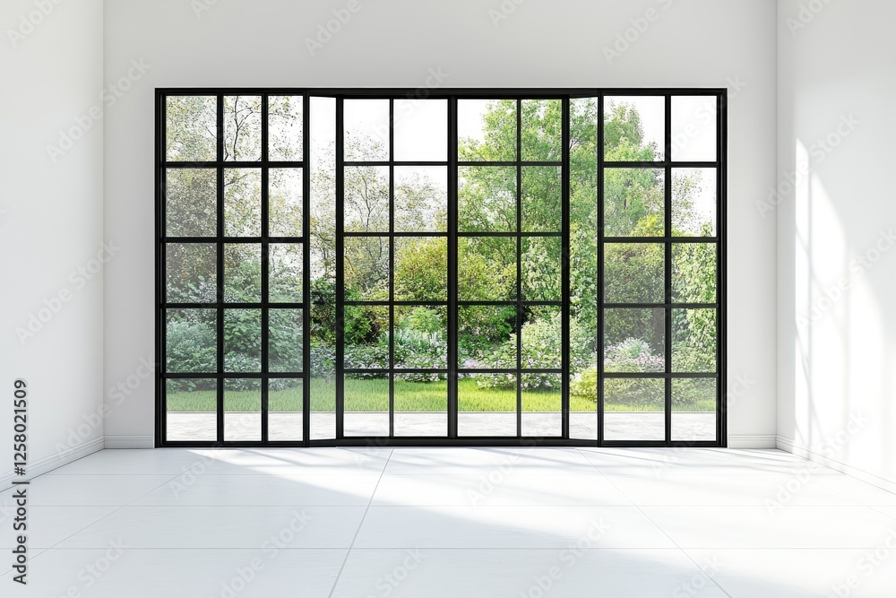 Fototapeta premium An empty room with a white floor and a large window in a new, modern house in Thailand. The room has a black frame, and a garden is visible outside.