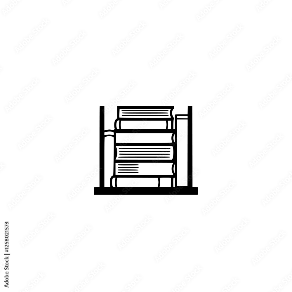 Minimalist Illustration: Black and White Bookshelf Filled with Books, Focused on Education.