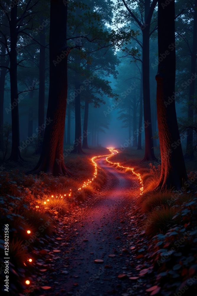 Obraz premium Twinkling lights along winding forest path at night, shadows, , halloween decorations