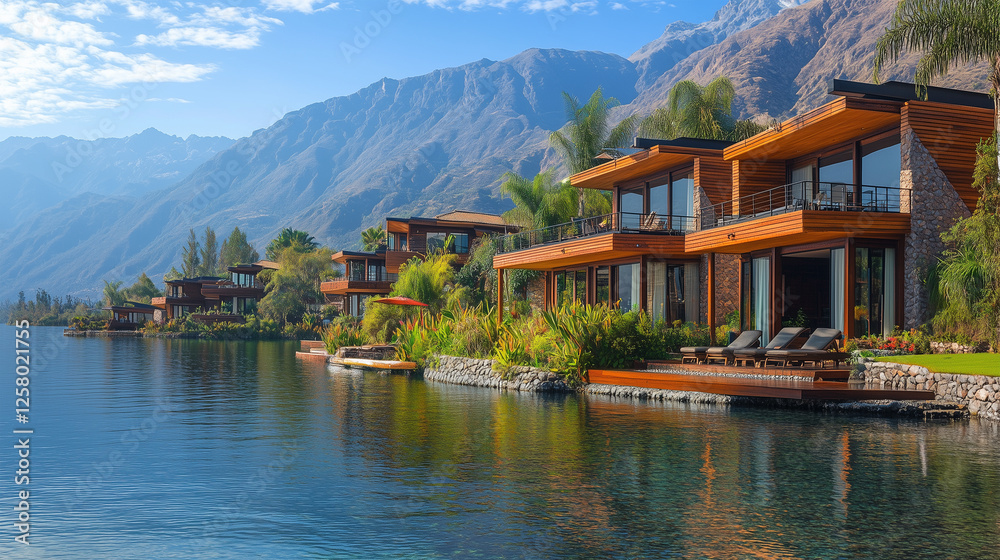 Naklejka premium Luxury vacation resort with beautiful villas and stunning mountain views at Lake Dunker in the Caribbean style, a panoramic shot of the hotel near the lake with villa houses, wooden house buildings