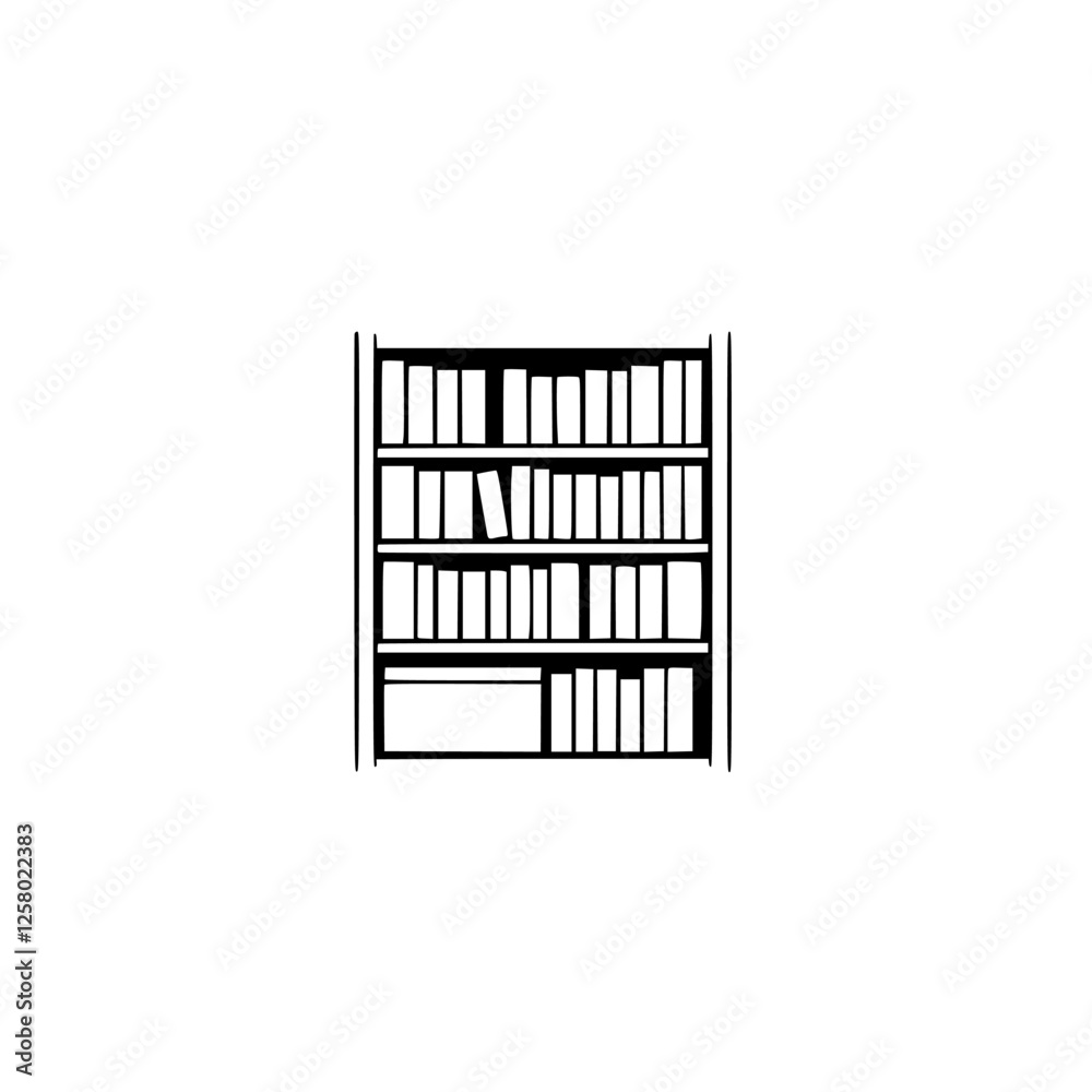 Black & White Bookcase Silhouette, with various shelves containing multiple volumes. Black & White Bookcase Silhouette, with various shelves containing multiple volumes.