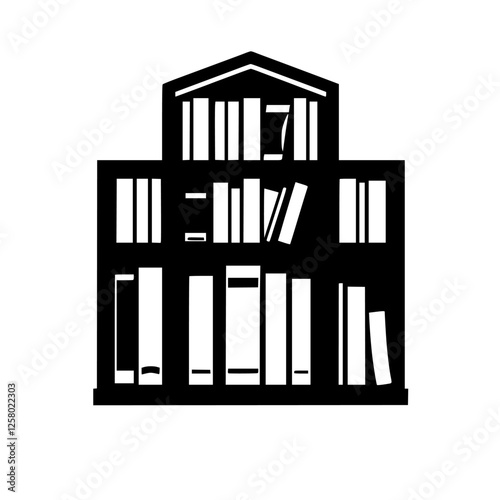 A library's silhouette of black book shelves with a classical architectural flair, suggesting a structure of knowledge and learning, highlighting its minimalist style.