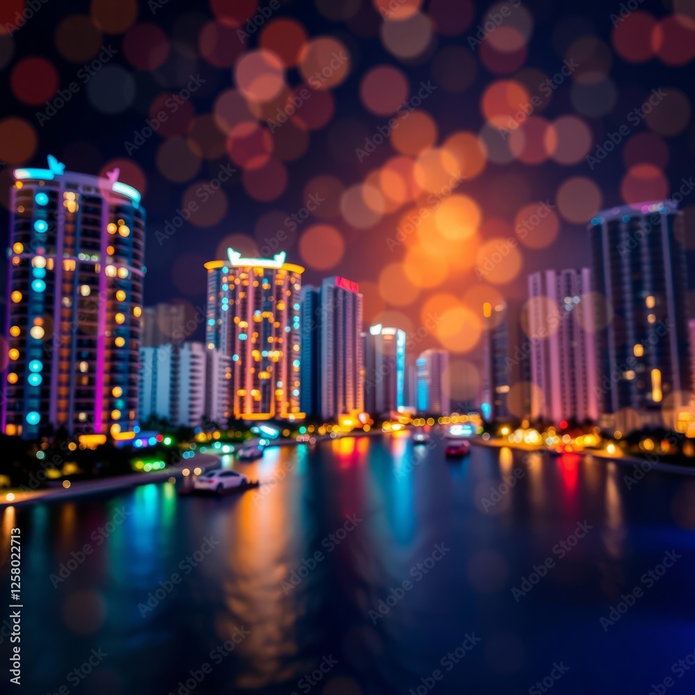 Fototapeta premium Sunny isles beach apartment condo hotel buildings during dark evening night illuminated colorful colors in miami florida with skyscrapers abstract bokeh background circles Bokeh light lights backg
