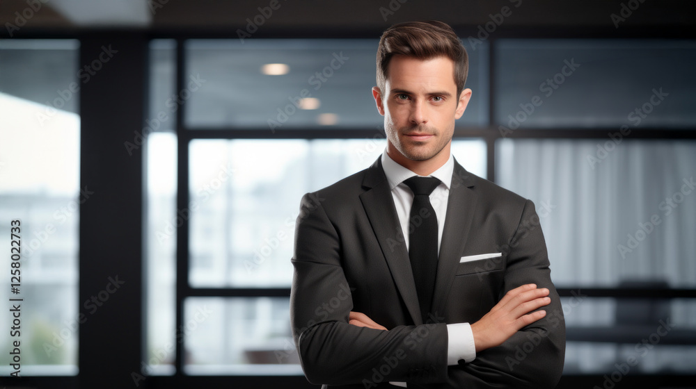 Confident man in formal attire stands with arms crossed in a modern office interior during daylight Confident man in formal attire stands with arms crossed in a modern office interior during daylight