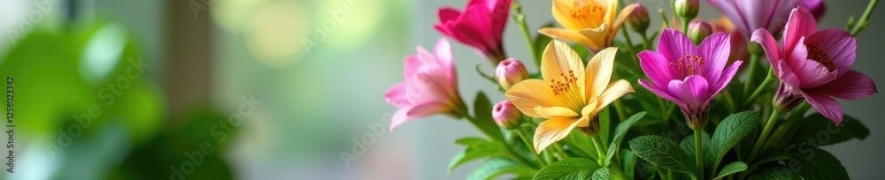 Aquilegia canadensis flowers in a vase with fresh green leaves, leaves, botanical, arrangement Aquilegia canadensis flowers in a vase with fresh green leaves, leaves, botanical, arrangement