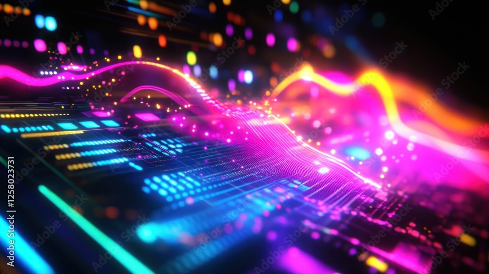 Obraz premium High-tech DJ spectrum music interface with vibrant neon rainbow waves, holographic elements background wallpaper AI generated image