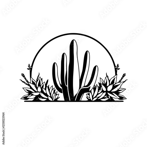 Cactus and agave silhouette, framed within an arch, representing desert beauty.