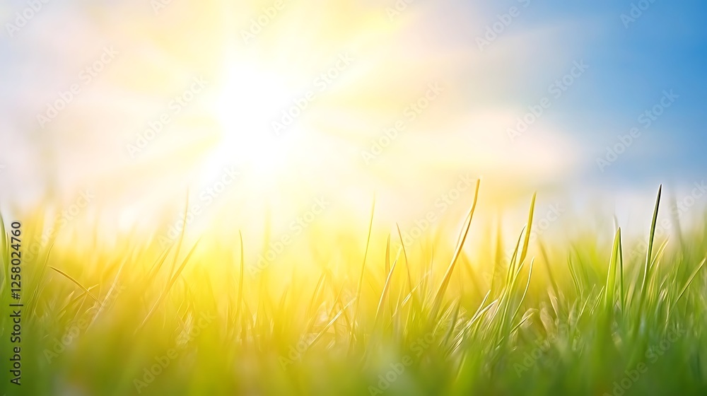Bright Sunlight Shining on Vibrant Green Grass in the Field Under a Blue Sky Scenic Spring Landscape Bright Sunlight Shining on Vibrant Green Grass in the Field Under a Blue Sky Scenic Spring Landscape