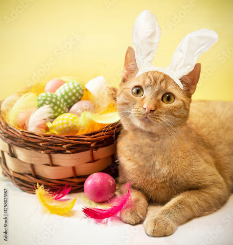 Happy British ginger cat with cute expression, wearing Easter bunny ears, celebrating Easter holiday. Near kitty basket with Easter eggs. Greeting card.
