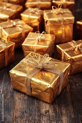 Colorful assortment of gold wrapped presents for holiday gift giving.