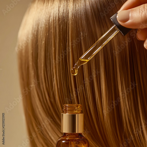 Nourishing hair treatment with organic cosmetic oil for healthy and vibrant blond hair in minimalistic studio setting