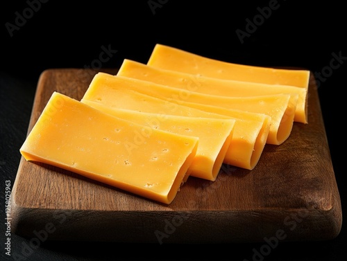 Wooden cutting board with cheese slices. Gourmet chicken wire wrapped around artisan cheese. Snacks, appetizers, or meat alternatives.