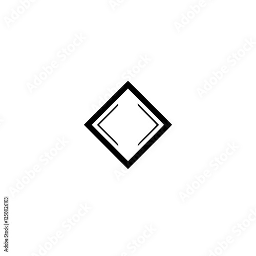 Minimalist, abstract geometric design of a black, double-bordered rhombus shape with subtle line accents on a stark white background.