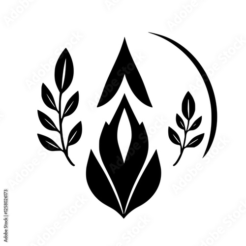 Stylized floral illustration of a stylized flame with leaves and a crescent moon, on a white background.