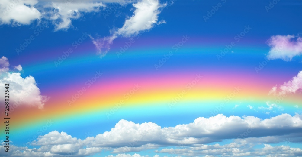 Obraz premium Brilliant rainbow arcs across blue sky, framed by fluffy white clouds. Vivid spectrum of colors contrasts with deep atmosphere, evoking serenity, hope, and wonder
