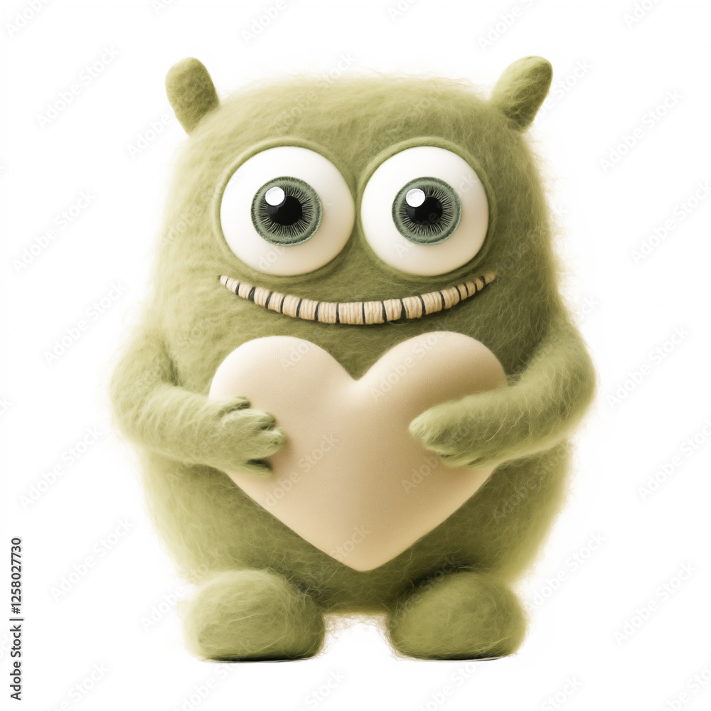 Cute toy green full-length woolly monster with big eyes, heart-shaped belly
