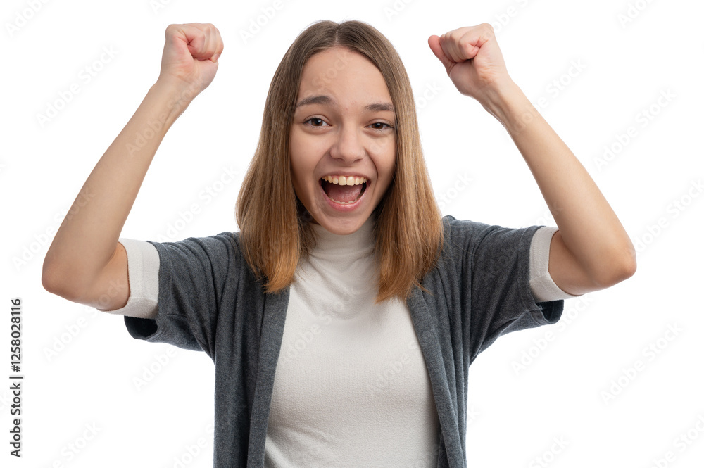 A young woman with long hair smiling and raising her fists in excitement against a white background. A young woman with long hair smiling and raising her fists in excitement against a white background.