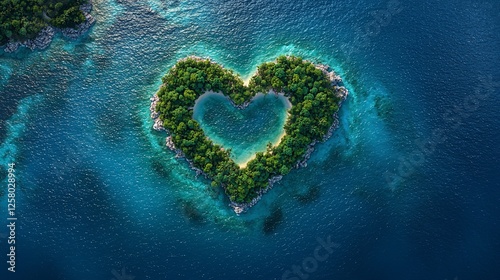 Heart-shaped island aerial view, tropical paradise, ocean background, romantic travel