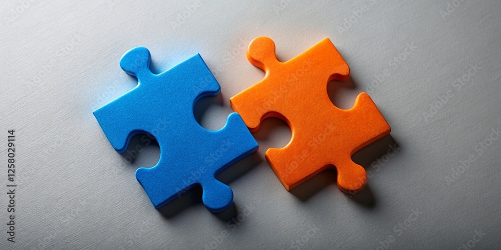 Fototapeta premium Connected Puzzle Pieces: Blue and Orange Jigsaw, Teamwork, Solution, Problem Solving, Abstract Concept