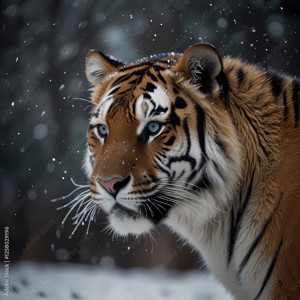 Fototapeta premium Portrait of a Siberian tiger in the snow with striking orange and black stripes in the wild