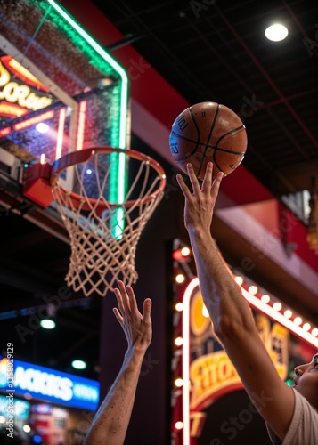 Player making a shot in basketball arcade game with colorful lights and exciting atmosphere