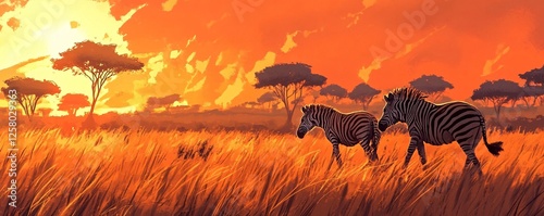 Two zebras are walking on dry grass in the savanna as the sun is setting and painting the sky orange photo