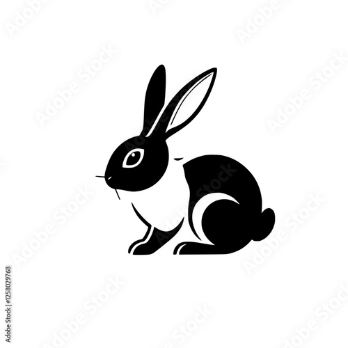 A stark black and white illustration of a rabbit in profile, set against a white background.