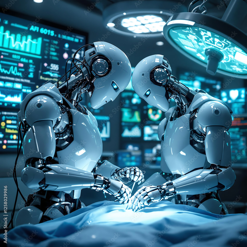 Fototapeta premium Futuristic robotic surgeon performing a complex medical operation in an advanced AI-powered operating room