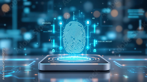 Digital fingerprint authentication on a futuristic device, biometric security access, identity verification with holographic scanning