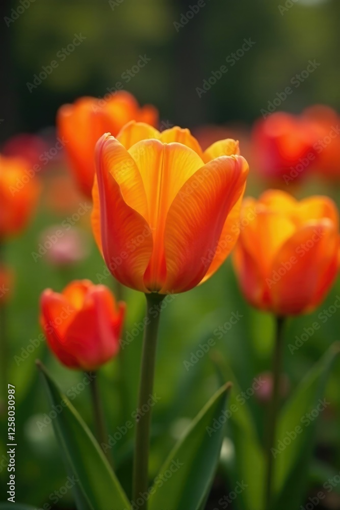 Orange tulip blooms in a flowerbed with other flowers, bloom, orange, nature Orange tulip blooms in a flowerbed with other flowers, bloom, orange, nature