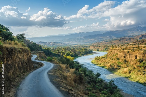 Blue Nile Rapids in Ethiopia, Africa. Scenic Landscape with Mountain Path under the African Sky photo