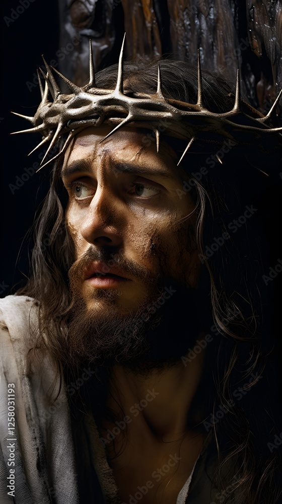 Portrait of a Man Wearing a Crown of Thorns Religious Imagery Suffering Faith Portrait of a Man Wearing a Crown of Thorns Religious Imagery Suffering Faith