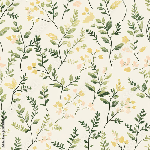 A seamless pattern featuring intertwined, delicate vines with leaves, small blossoms,