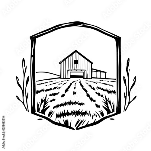 Barn Farmhouse Illustration, monochrome style, surrounded by an arched frame, with a field and a minimalist design.