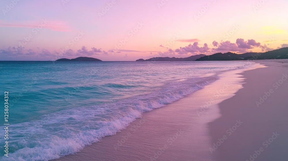 Fototapeta premium A serene beach at sunrise, with gentle waves lapping the shore and a pastel-colored sky reflecting on the water.