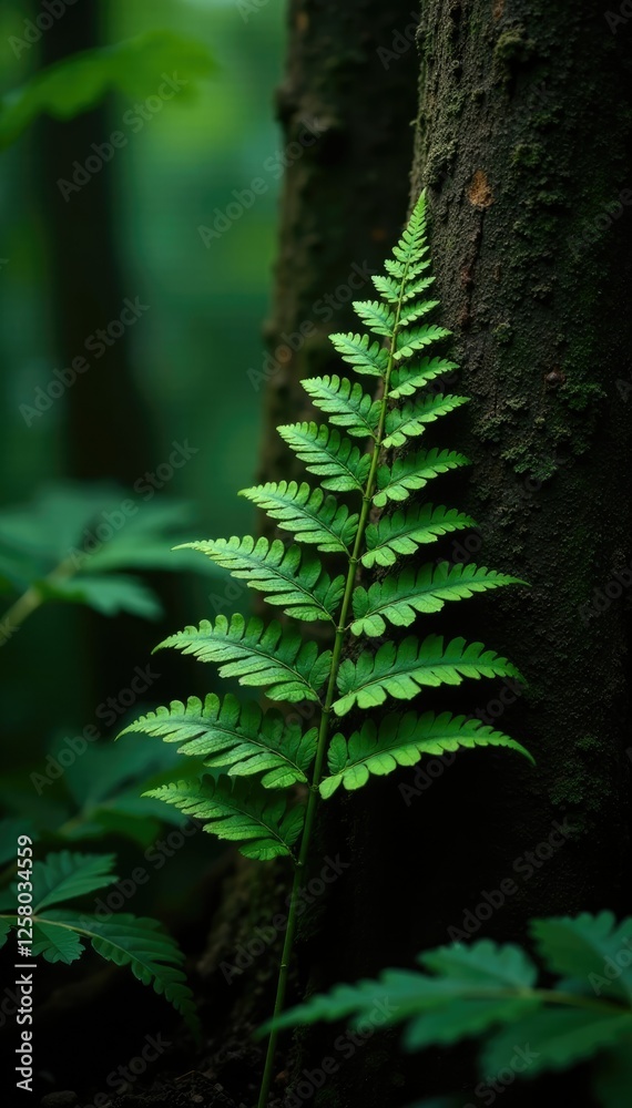 Tropical fern fronds on tree trunk in dark habitat, woody plants, tropical vegetation Tropical fern fronds on tree trunk in dark habitat, woody plants, tropical vegetation