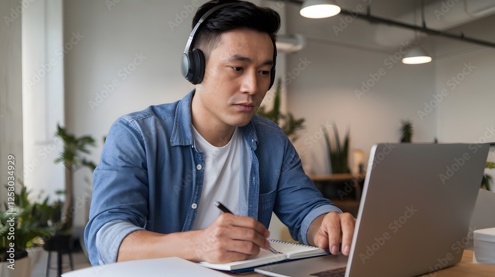 Focused Young Asian Man Working Remotely on Laptop Taking Notes Wearing Headphones Studying Online Education Distance Learning Modern Workplace Professional Businessman Concentrated Serious Expression Focused Young Asian Man Working Remotely on Laptop Taking Notes Wearing Headphones Studying Online Education Distance Learning Modern Workplace Professional Businessman Concentrated Serious Expression