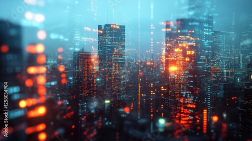 Wallpaper Mural Abstract glowing big data forex candlestick chart on blurry city backdrop. Trade, technology, investment and analysis concept. Double exposure Torontodigital.ca