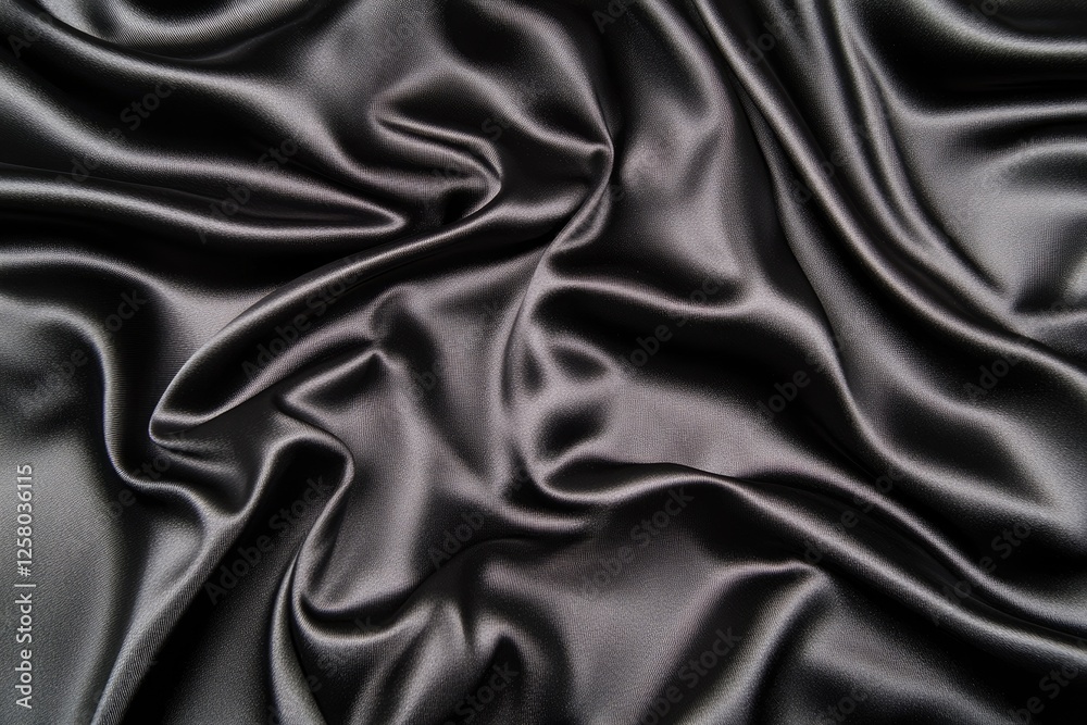Fototapeta premium Black satin fabric, an elegant background with folds and ripples. Black silk texture. Abstract dark background.