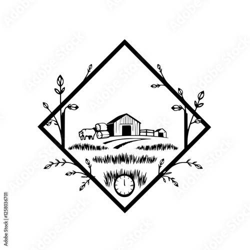 [Farmhouse scene, black and white minimalist illustration, inside a diamond frame with leaves, time display.]