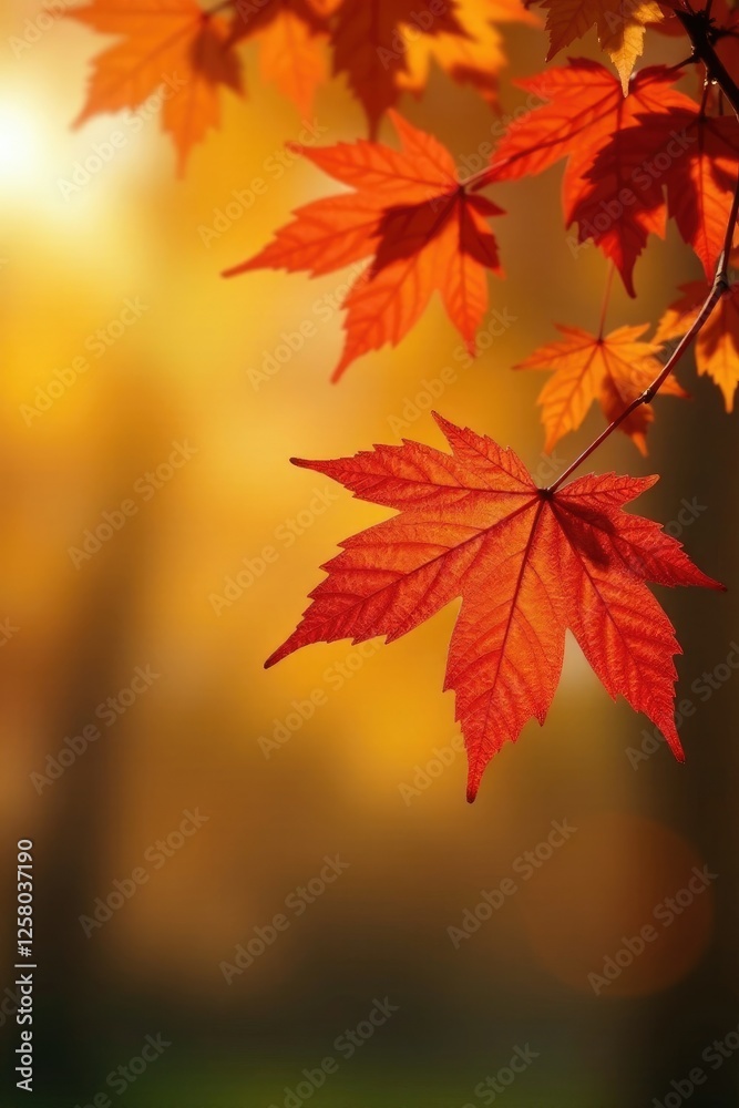 An orange maple branch with leaves and a soft focus autumnal scene, warm light, sun, orange An orange maple branch with leaves and a soft focus autumnal scene, warm light, sun, orange