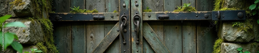 Ancient wooden gate with moss and lichen covering its surface, moss, lichen Ancient wooden gate with moss and lichen covering its surface, moss, lichen