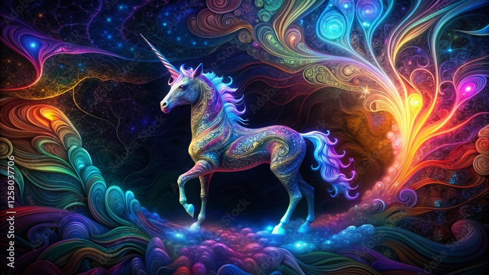 Crystalline Unicorn Silhouette Against Fractal Background - Magical Fantasy Stock Photo Crystalline Unicorn Silhouette Against Fractal Background - Magical Fantasy Stock Photo