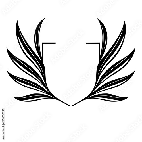 Black and White Minimalist Vector Illustration of stylized Laurel Wreath with a central shield-like shape.