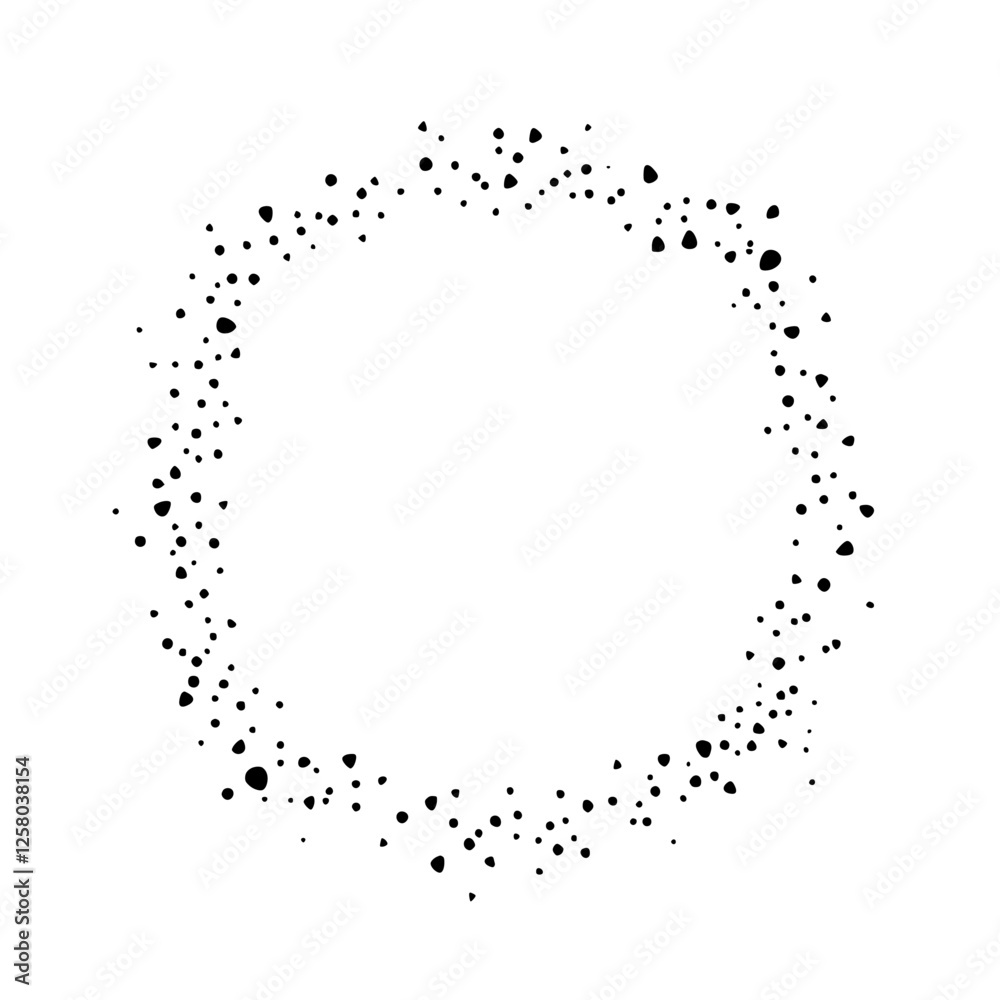 Obraz premium A minimalist frame of scattered abstract flecks and dots surrounding an open center on a stark white backdrop.