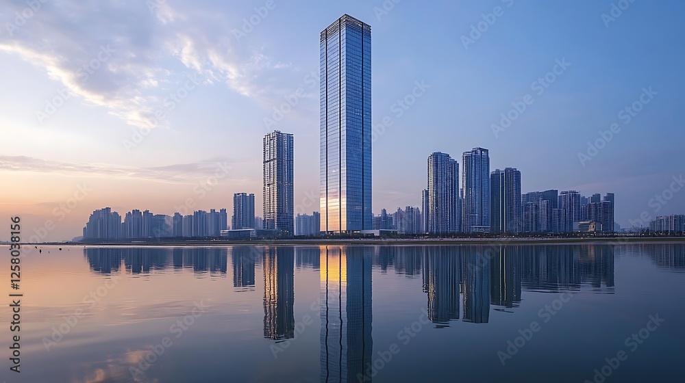 Obraz premium Modern Cityscape at Dawn: Skyscrapers Reflected in Calm Waters