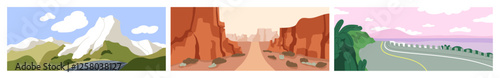 Nature landscape with empty road, set. Travel route, highway through mountains, rocks, canyon cliffs, sea coast with sky sceneries, perspectives. Adventure, roadway panorama. Flat vector illustrations